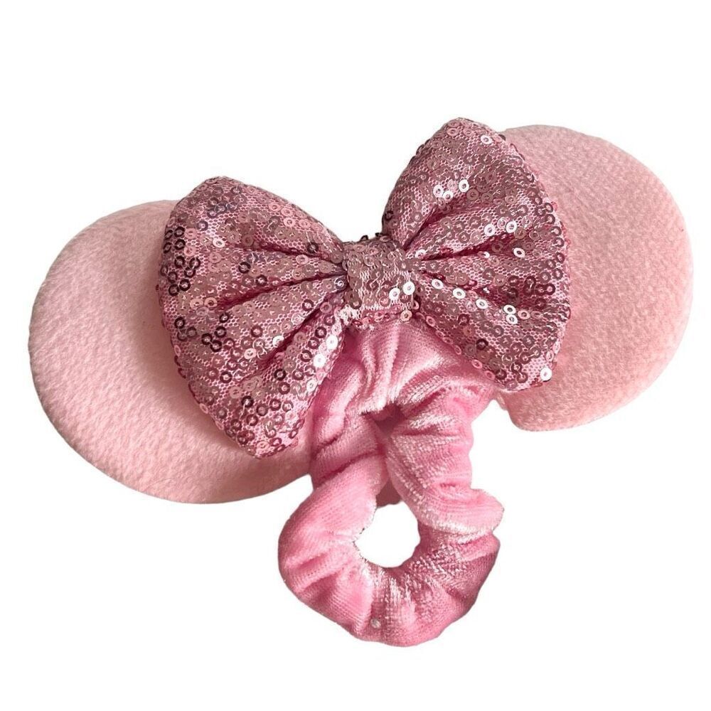 Womens Girls Minnie Mouse Pink Crushed Velvet Ear Sequin Hair Scrunchie Tie